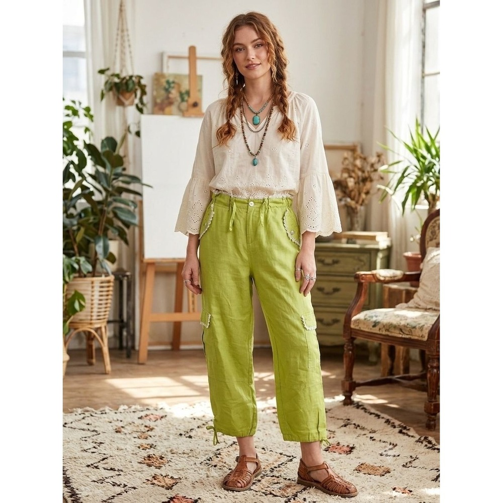 Stijfselkissie Linen Pants Sz M Lace Detail Pullon Cottagecore Boho  Amish Made